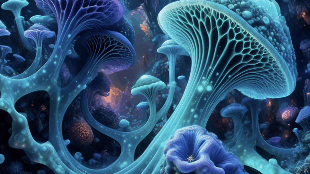 Glowing turquoise mushroom-like flora floating in a cosmic void.